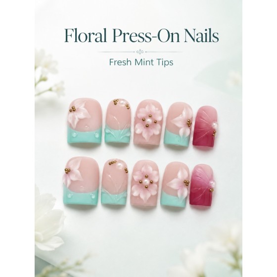 Gentle Pink‑Mint French 3D‑Floral Press‑On Nails, Short Square Handmade False Nails with Hand‑Painted Lotus Leaf, Pearls & Gold Beads